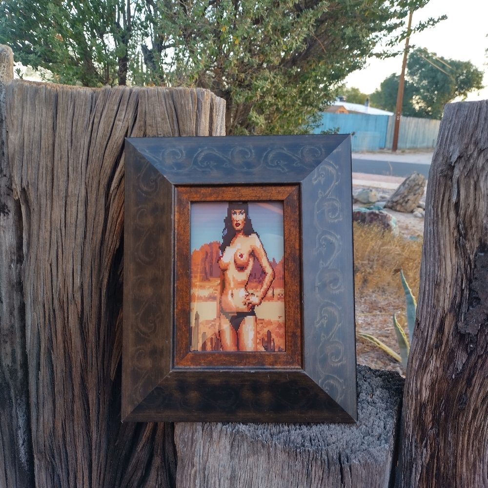 8 Bit Nude Bettie Page in Desert Framed Mini Art Print By Neon Nicho